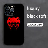 Coque Venum iPhone, tête de serpent rouge vif et VENUM en rouge dessous, sur fond noir