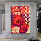 Tableau affiche Rocky vintage, gants rouges suspendus et lettrage repete