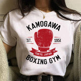 T-shirt boxe femme blanc, motif n°3 Kamogawa Boxing Gym gant rouge et ruban Tokyo Japan