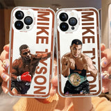Coques iPhone Mike Tyson à cadre coloré et nom répété sur le pourtour, deux visuels côte à côte