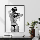 Tableau photographie de nu de dos en noir et blanc, gants de boxe releves derriere la tete
