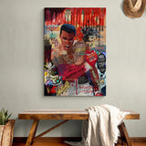 Tableau Mohamed Ali sur fond de slogans peints, gants rouges leves, vue rapprochee de la toile