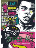 Tableau Super Ali, portrait entoure de cartouches jab hook uppercut, abeille et papillon, affiche dans un salon