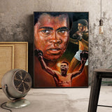 Tableau portrait Mohamed Ali en tons chauds avec deux scenes de carriere