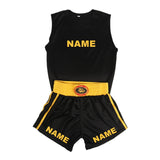 Tenue de boxe anglaise noire en satin, débardeur et short à filets jaunes