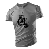 T-shirt gants de boxe gris clair, dessin de gants suspendus en noir