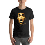 T-shirt Mohamed Ali visage doré porté, portrait postérisé sur fond noir