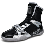 Chaussure de boxe noir et argent, sangle scratch et empiècements vernis