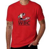 T-shirt de boxe WBC rouge, logo complet avec bras ganté, ruban de drapeaux et mention Since 1963