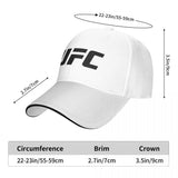 Cotes de la casquette UFC : tour de tête 55 à 59 cm, visière 7 cm, calotte 9 cm