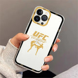 Coque UFC iPhone, sigle doré, mention ULTIMATE FIGHTING CHAMPIONSHIP en arc et deux combattants en action dont un coup de pied