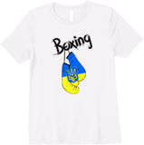 T-shirt boxe blanc, gants suspendus au drapeau ukrainien avec trident et lettrage Boxing