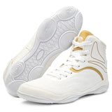 Chaussures de boxe blanc et or, semelle blanche à disques de pivot