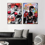 Tableau Mohamed Ali gants leves sur mur graffe, mots Courageous et Louisville Lip, affiche dans un salon