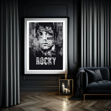 Tableau Rocky, visage compose de caracteres typographiques en noir et blanc