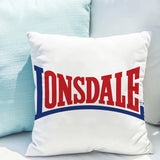 Housse de coussin Lonsdale blanche, lettrage LONSDALE rouge et filets bleus, sans lion
