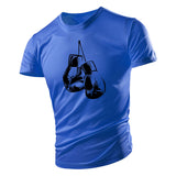 T-shirt gants de boxe bleu, dessin de gants suspendus en noir