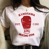T-shirt boxe femme blanc, motif n°4 Kamogawa Boxing Gym gant rouge et monogramme KBG