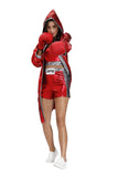 Ensemble de boxeuse satin rouge vu de côté, peignoir long sous le genou