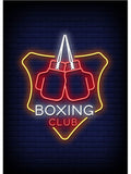 Tableau enseigne Boxing Club en neon sur mur de briques sombres, vue rapprochee de la toile