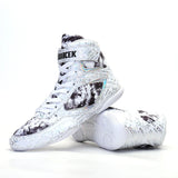 Chaussures de boxe blanches à imprimé marbré, sangle scratch