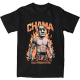 T-shirt Alex Pereira Chama noir : combattant à tête de moai entouré de flammes, CHAMA en lettrage enflammé