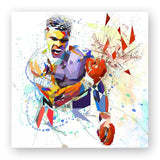 Tableau Mohamed Ali abstrait, facettes de couleur sur fond blanc, accroche dans une entree