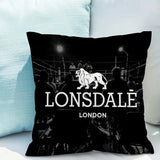 Housse de coussin Lonsdale, ring de boxe en fond noir et lettrage LONSDALE LONDON blanc
