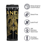 Caractéristiques du mug isotherme Canelo : acier 304, sans condensation, compatible porte-gobelet