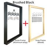 Cadre aluminium pour toile, huit finitions brossees et aspect bois, vue du chassis monte