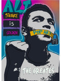 Tableau Mohamed Ali pop art, portrait baillonne d'un bandeau jaune et cadenas, affiche dans un salon