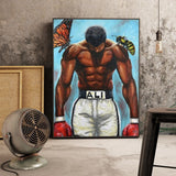 Tableau Mohamed Ali tete baissee avec papillon monarque et abeille sur fond bleu