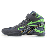 Chaussure de boxe grise et vert fluo à sangle scratch, vue de profil