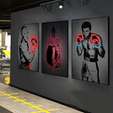 Tableau Mohamed Ali noir et blanc avec gants en effet neon rouge, vue rapprochee de la toile