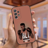 Coque Samsung Galaxy S Mohamed Ali sur fond terracotta, mentions ALI, The People's Champion, bilan de carrière et devise Go Fight Win