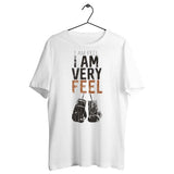 Motif typographique I AM FEEL I AM VERY FEEL avec gants de boxe suspendus