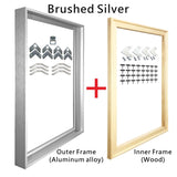 Cadre aluminium pour toile, huit finitions brossees et aspect bois, detail du kit