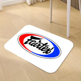 Paillasson Fairtex blanc, logo ovale bleu rouge et blanc