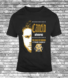 T-shirt Canelo Alvarez noir, demi-visage sérigraphié doré et mention The Face of Boxing