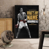 Tableau affiche Mohamed Ali What's my name, titre en lettres dorees sur fond noir