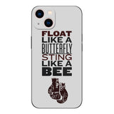 Coque Samsung Galaxy S Mohamed Ali, citation FLOAT LIKE A BUTTERFLY STING LIKE A BEE en capitales sur fond gris clair, gants de boxe en dessous