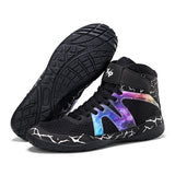 Chaussures de boxe noires à motif galaxie violet et sangle scratch