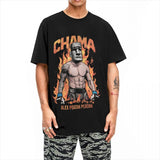 T-shirt Alex Pereira Chama porté, visuel moai et flammes centré sur le buste