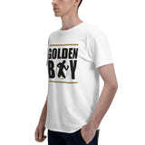 Détail du logo Golden Boy, barres dorées et silhouette de boxeur en garde