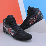 Chaussure de boxe noire et rouge, flammes latérales argent et rouge