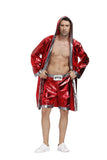 Ensemble de boxeur satin rouge, capuche relevée et peignoir ouvert
