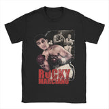 T-shirt Rocky Marciano noir : portrait en garde, photo d'archive de combat et nom en lettrage rouge délavé