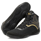 Chaussures de boxe noir et or, semelle noire à disques de pivot