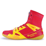 Chaussures de boxe rouge et jaune, semelle jaune