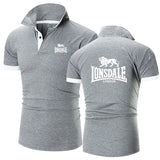 Polo Lonsdale gris chiné à liserés blancs, petit logo poitrine et grand lion LONSDALE LONDON au dos